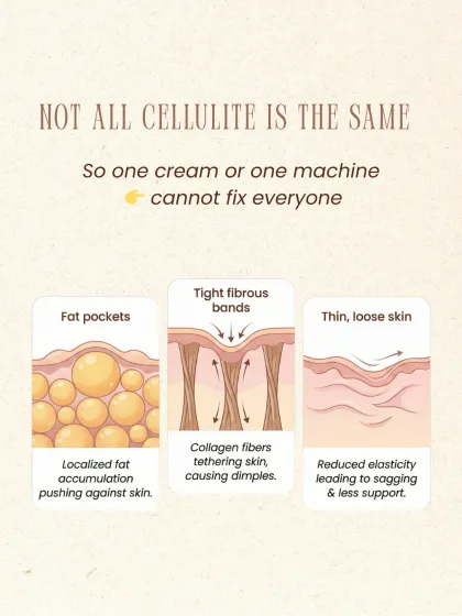 Not all cellulite is the same. It can be caused by fat pockets, tight fibrous bands, or thin, loose skin. This is why a single cream or machine cannot fix it for everyone; a custom approach is necessary.