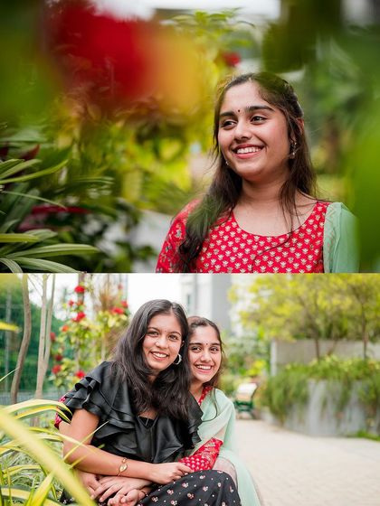 A collage of two sisters, capturing both a candid portrait and a happy moment together. These photos showcase their close relationship.