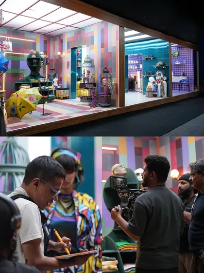 The intricately designed set for the 'Let's Vibe' commercial. Our lighting had to be carefully placed to illuminate the colorful details of the production design.