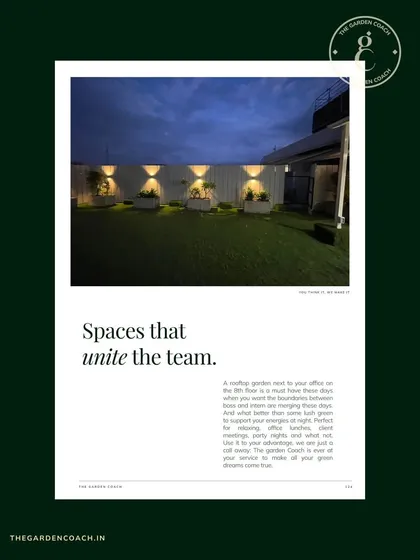 I design spaces that unite teams. This finished office terrace, illuminated at night, serves as a perfect example of an employee wellness area that doubles as an event space. The strategic lighting and low-maintenance greenery create an inviting atmosphere for staff to relax and connect.