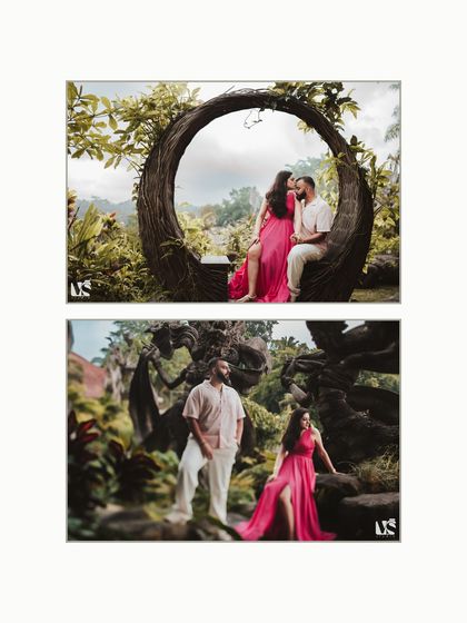 A diptych from the Bali shoot, showing the couple in a nest-like sculpture. These images highlight the unique and artistic photo opportunities we find at destination locations.