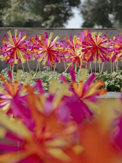 A field of vibrant pink, yellow, and orange pinwheels, which we used as a border for the Mehendi lawn area, adding color and playful movement.