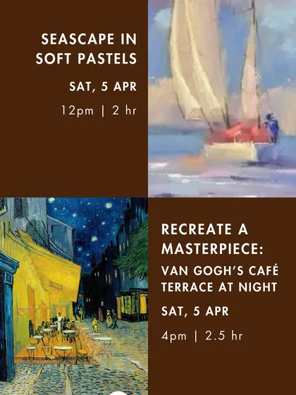 The workshop lineup for April, including 'Seascape in Soft Pastels' and a session to recreate Van Gogh's 'Café Terrace at Night'.