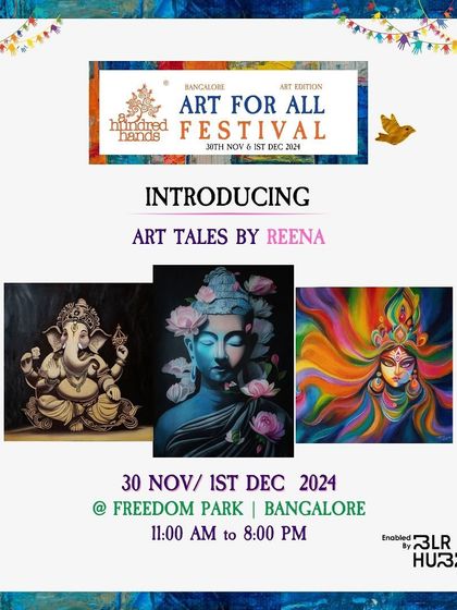 "Art Tales" by Reena, featuring divine and vibrant paintings of Ganesha, Buddha, and other spiritual figures.