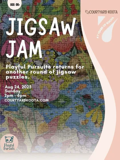 The poster for one of our Jigsaw Jam events, featuring a colorful puzzle background. These playful pursuits are a recurring favorite at Koota.