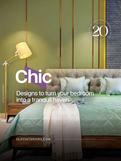 A chic bedroom design with a soft green accent wall and gold strips, turning the space into a tranquil and elegant haven.