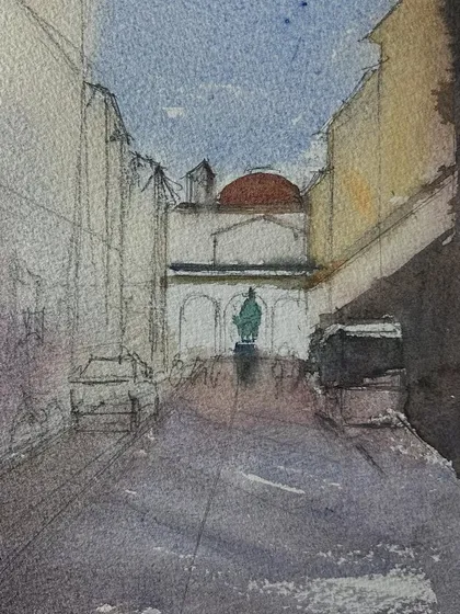 A work-in-progress shot of a Florence cityscape. This shows the initial layers of watercolor wash as I begin to build up the scene.