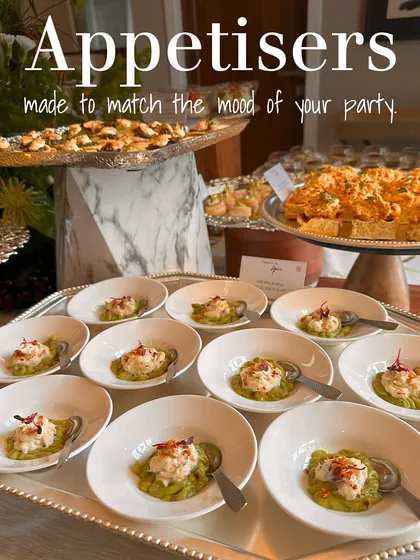 A tray of appetizers made to match the mood of your party. Here, a creamy purée with toppings is served in individual bowls, making for an elegant and easy-to-eat option for guests.