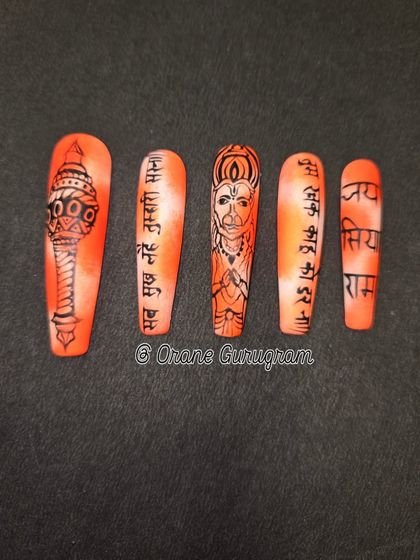 Devotional nail art created for Hanuman Jayanti. This shows the incredible detail and artistry my students can achieve with hand painting techniques.