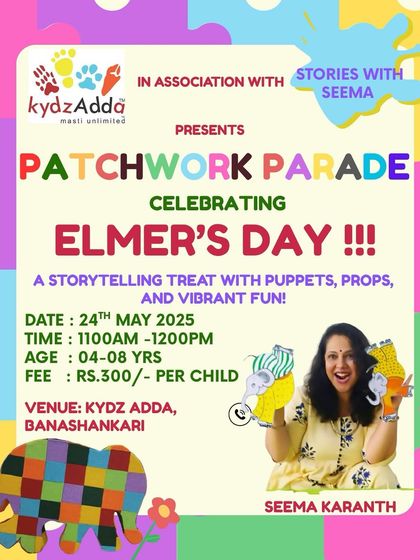 The poster for our "Patchwork Parade" event, a special storytelling treat with puppets and props to celebrate Elmer's Day, perfect for kids aged 4 to 8.