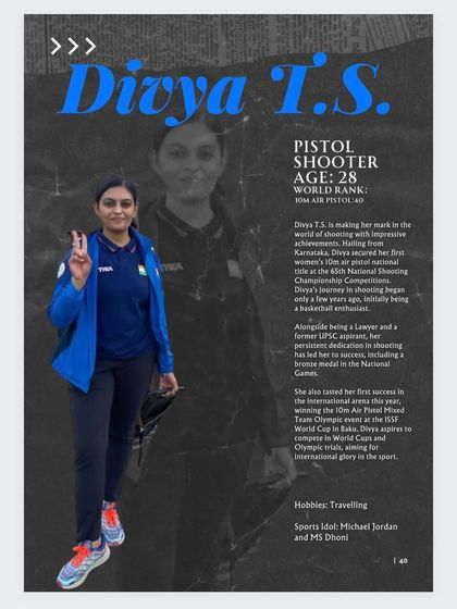 A profile of our star pistol shooter, Divya T.S., highlighting her journey and selection for the prestigious 19th Asian Games in China.