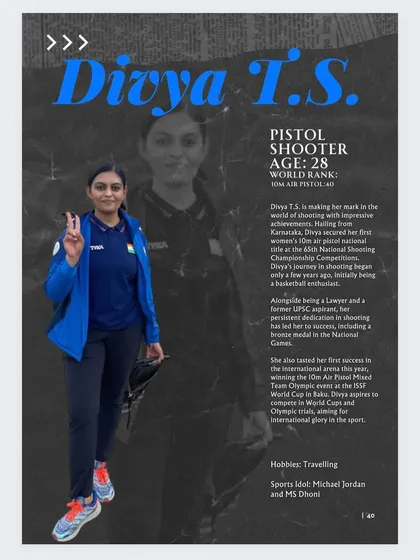 A profile of our star pistol shooter, Divya T.S., highlighting her journey and selection for the prestigious 19th Asian Games in China.