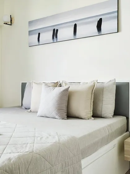 The master bedroom is an oasis of relaxation with soft, muted tones and plush fabrics. The design is a harmonious blend of modern elegance and timeless sophistication, from the sleek bed frame to the curated decor.