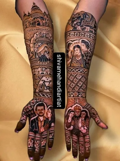 A modern story mehendi that includes couple portraits, family figures, and even a bicycle to represent a personal story. The design also features architectural elements.