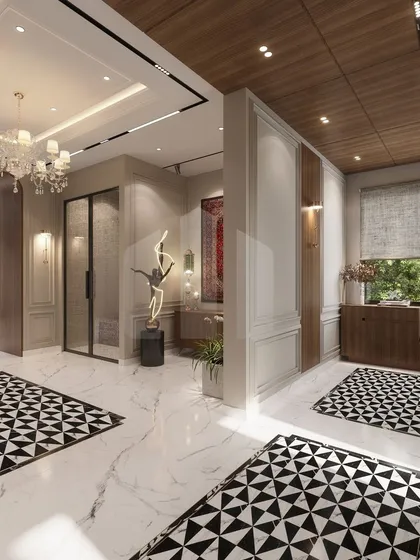 The entrance sets the tone for the entire home. This grand foyer uses bold geometric floor patterns, a classic crystal chandelier, and curated art to make a powerful first impression, welcoming guests into a world of elegance and personal expression.