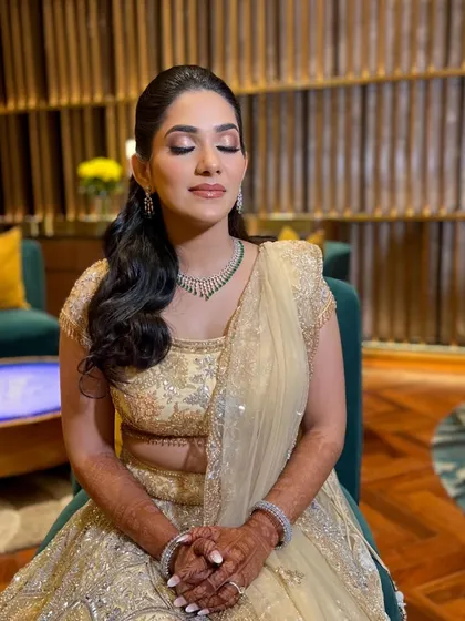 A close-up of Supriya's Sangeet makeup. The soft smokey eye with a hint of shimmer is perfect for an evening celebration.