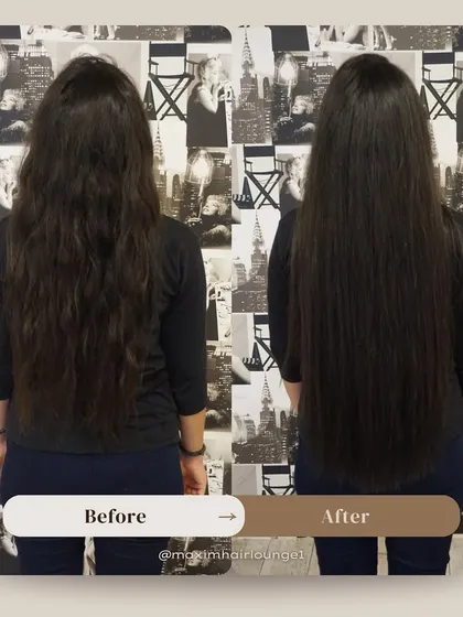 This transformation is a perfect example of correcting uneven length and adding density. The 'after' shows a full, healthy-looking head of hair with a clean, straight finish that looks completely natural.