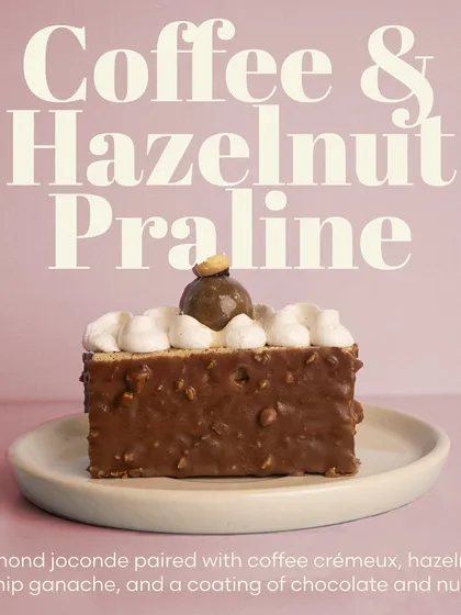 A beautifully plated Coffee & Hazelnut Praline dessert, described with its components: almond joconde, coffee crémeux, and hazelnut whip ganache.