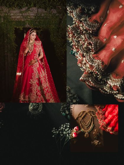 A collage focusing on the details of Isha's bridal look. The intricate embroidery on her red lehenga, the delicate jewelry, all come together to tell the story of her transformation into a bride.