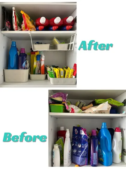 This before-and-after of a utility cupboard shows how a little structure can make a big difference. By using simple bins and stackable organizers, we turned a jumbled mess into a tidy, accessible space for cleaning supplies.