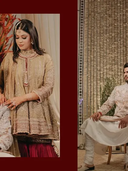 A diptych of posed portraits showcasing the couple's royal elegance. These shots highlight their stunning traditional attire and poised chemistry, creating a powerful and stylish statement.