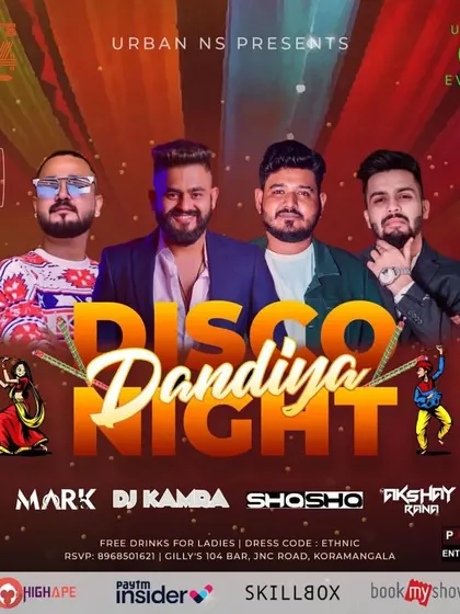 A poster for a Disco Dandiya night at Gilly's 104. I love mixing classic Dandiya beats with disco and Bollywood tracks for a high-energy fusion.