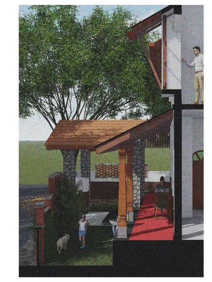 A sectional rendering that shows the connection between indoor and outdoor spaces. A red oxide-floored sit-out extends into a garden, creating a seamless transition and encouraging an outdoor lifestyle.