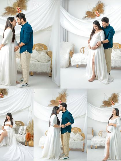 This collage showcases the versatility of our white studio setup. It includes various poses of the couple, both standing and seated, highlighting their connection and the elegance of the white gown.
