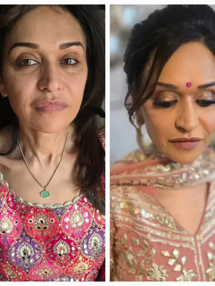 A powerful before-and-after transformation. We went from a fresh face to a festive-ready look with glittering gold eyeshadow, a defined brow, and a flawless base that lights up her features.