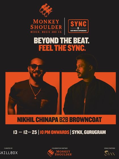 A poster for the Nikhil Chinapa B2B Browncoat SYNC event in Gurugram. The repetition of this design reinforces the scale of the tour.