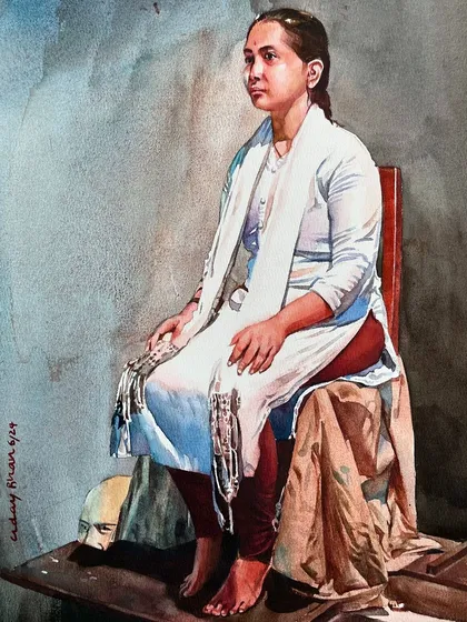 A figure painting of a woman seated in a white salwar kameez. This study focuses on the play of light on white fabric and the natural, relaxed pose of the subject.