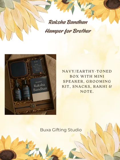 An idea for a Raksha Bandhan hamper for a brother, featuring a mini speaker, grooming kit, and snacks in an earthy-toned box.