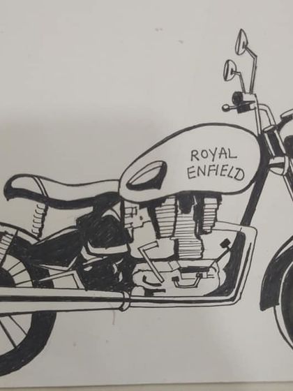 A student's gallery piece of a Royal Enfield motorcycle, showing great line work.