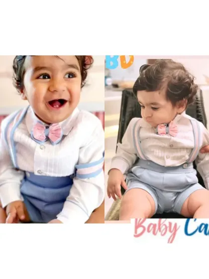 Simple, sweet, and stylish. This light blue shorts and suspender set with a pink bow tie is a perfect outfit for a summer birthday party or a casual family gathering.