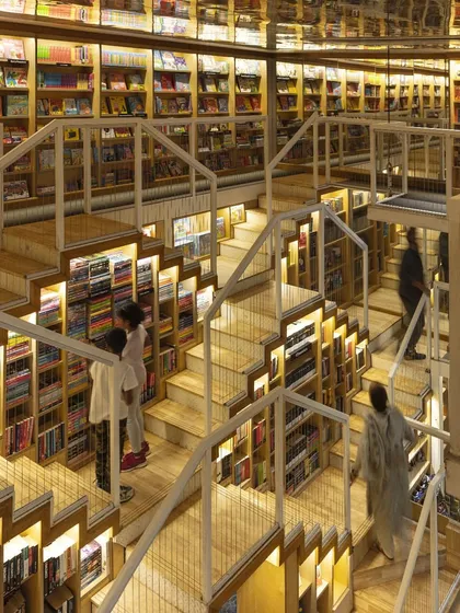 The Story Project bookstore in Kolkata reimagines how visitors interact with a retail space. Inspired by Indian stepwells, the multi-level design with its suspended walkways turns a compact footprint into an adventurous journey of discovery.