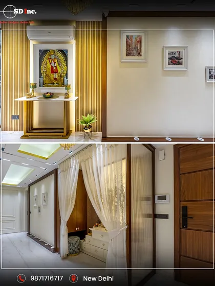 A collage of custom details in a home, including a small mandir with a golden fluted backdrop and a hallway with a custom wooden door and concealed storage. These elements show our attention to detail.