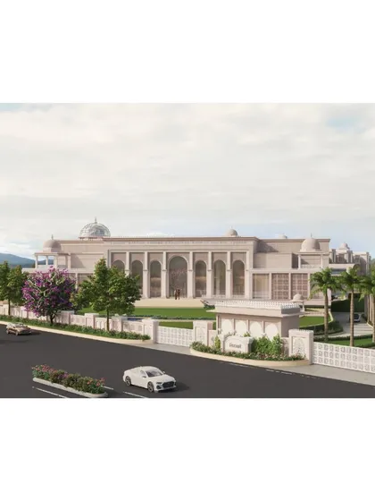 An architectural render illustrating our vision for a grand hotel facade. The design employs classical elements like grand arches and domes, reinterpreted with a modern sensibility to create a timeless and majestic structure that commands presence.