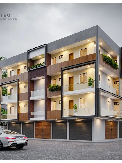 We designed this residential building for an 1800 sq. ft. three-side corner plot in Vishnu Garden. The facade features framed sections with varied materials like wood paneling and textured paint, demonstrating our capability in handling large-scale residential projects.
