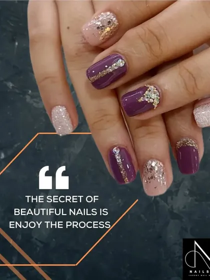 "The secret of beautiful nails is to enjoy the process." We make the process a luxurious experience, resulting in gorgeous nails like this purple and gold glitter set.