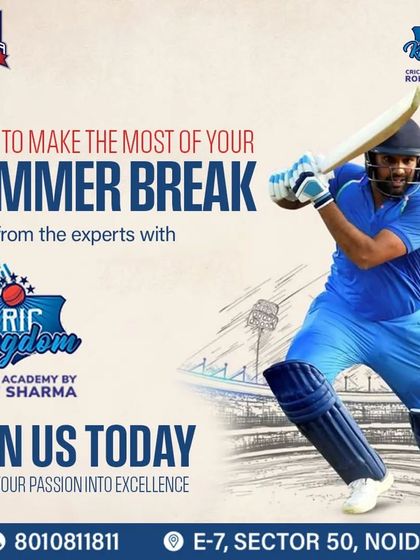 Make the most of your break by turning your passion for cricket into excellence. In collaboration with CricKingdom by Rohit Sharma, our programs offer a chance to learn from the experts. This poster highlights our summer program, designed to provide focused, professional cricket training.