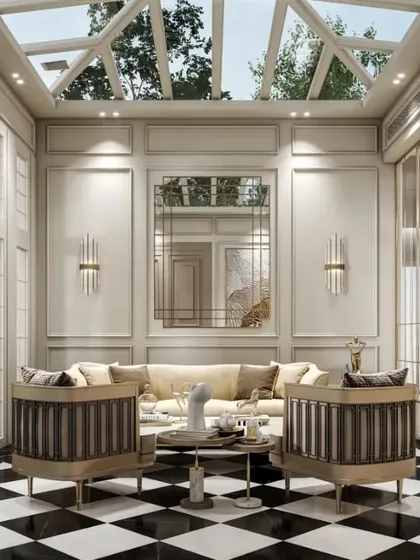 These renders depict a sunroom or conservatory with a classic checkered floor and a glass ceiling. We've focused on capturing the bright, airy quality of the space and the elegant, traditional-meets-modern decor.