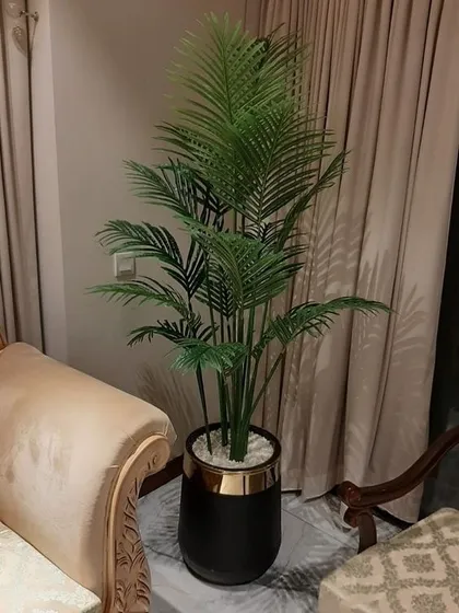 An elegant artificial areca palm in a decorative black and gold pot, placed in a living room corner. It adds a touch of tropical sophistication to the home decor.