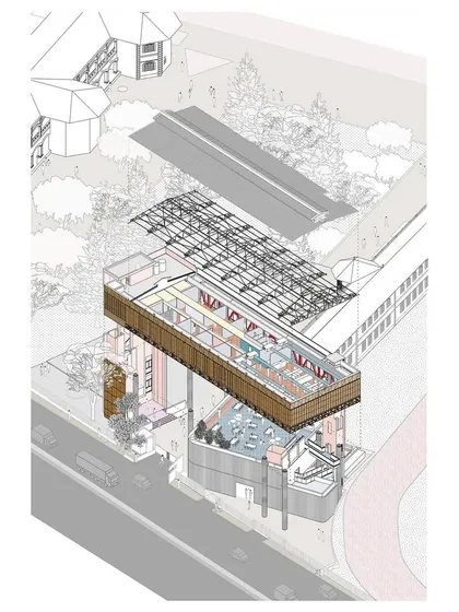 An exploded axonometric drawing of the Hoverspace project. This diagram reveals the core architectural strategy: suspending a new steel structure over the existing building to create additional space without disturbing the original footprint, a key technique in our adaptive reuse practice.