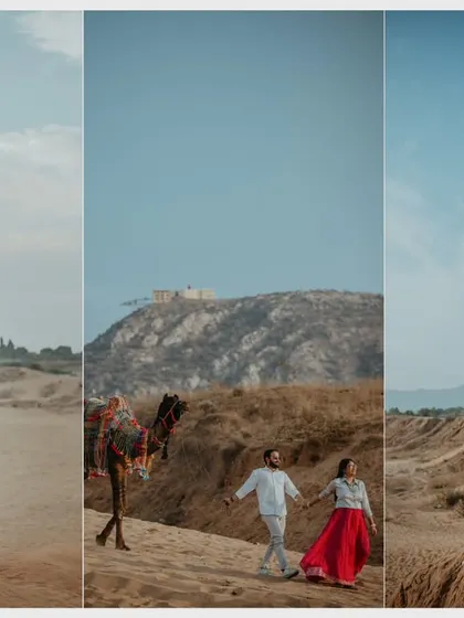 A triptych of images from Yash and Shivika's Pushkar pre-wedding shoot. This format shows the variety of scenes we can capture, from epic landscapes to intimate moments, all in one location.