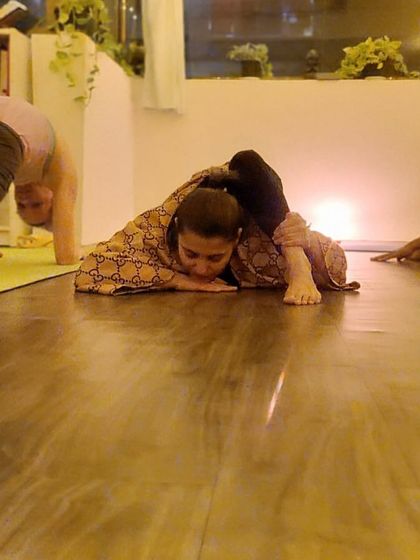 Stretching is so important after every workout. Here I am in a deep hip-opening stretch, allowing the body to cool down and release.