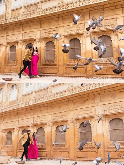 A spontaneous and magical moment as pigeons take flight around the couple in Jaisalmer. These are the unscripted shots that often become the most cherished, adding life and movement to the pre-wedding album.