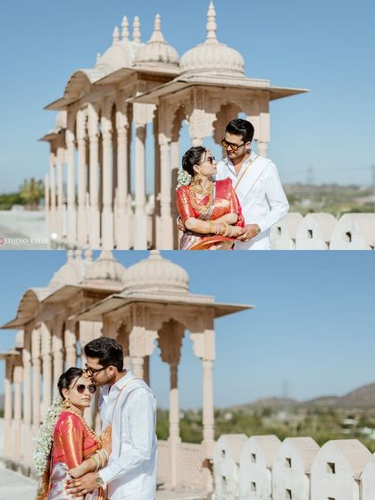 A collage of tender moments on a palace rooftop in Pushkar. These shots capture a gentle kiss on the forehead and a loving embrace, framed by beautiful Indian architecture.