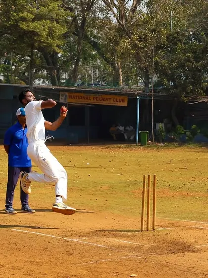 The raw energy of fast bowling captured during one of our intense practice matches on a classic Mumbai ground.