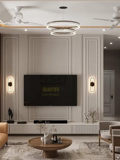 A 3D visualization of a TV unit wall, featuring classic paneling and integrated display shelving. This design ensures that functional elements like the television are seamlessly blended into the overall elegant aesthetic of the living room.