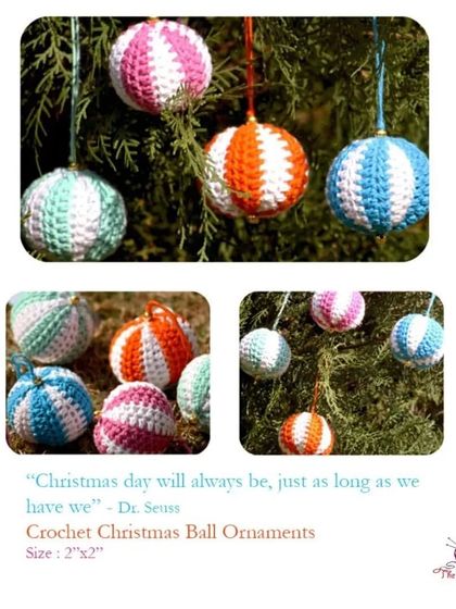 Striped crochet Christmas ball ornaments, a classic decoration handmade with soft cotton yarn.